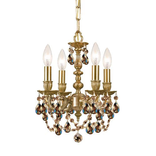 Aged Brass Golden Teak Crystal Four-Light Chandelier - Image 1