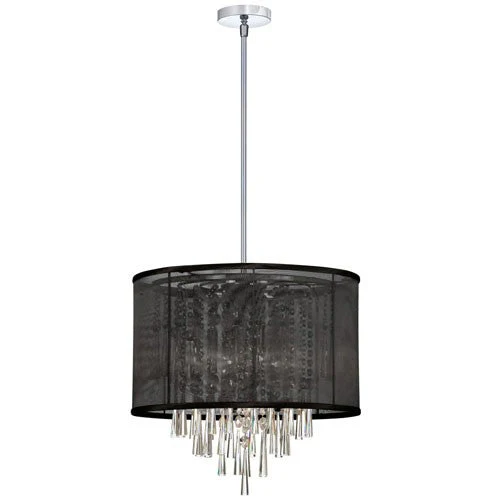 Six Light Crystal Pendant with Black Organza Drum Shade - Image 1