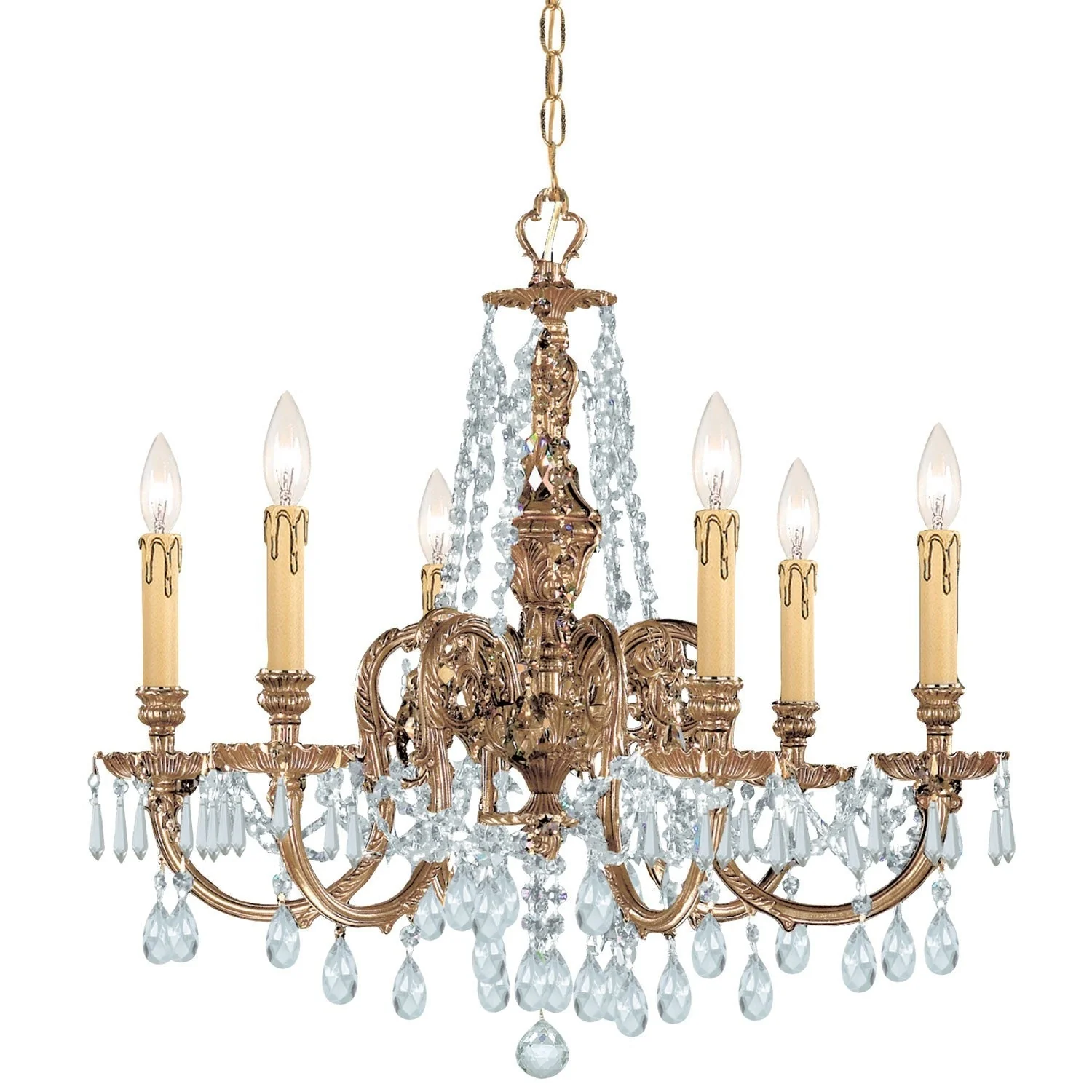Group Novella Olde Brass Six-Light Ornate Cast Brass Chandelier with Clear Hand Cut Crystal - Image 1