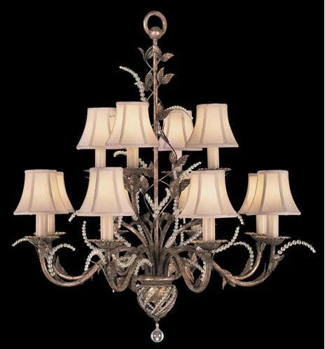 12-Light Chandelier in Cool Moonlit Patina Finish with Hand Sewn, Silk Shantung Shades - Image 1