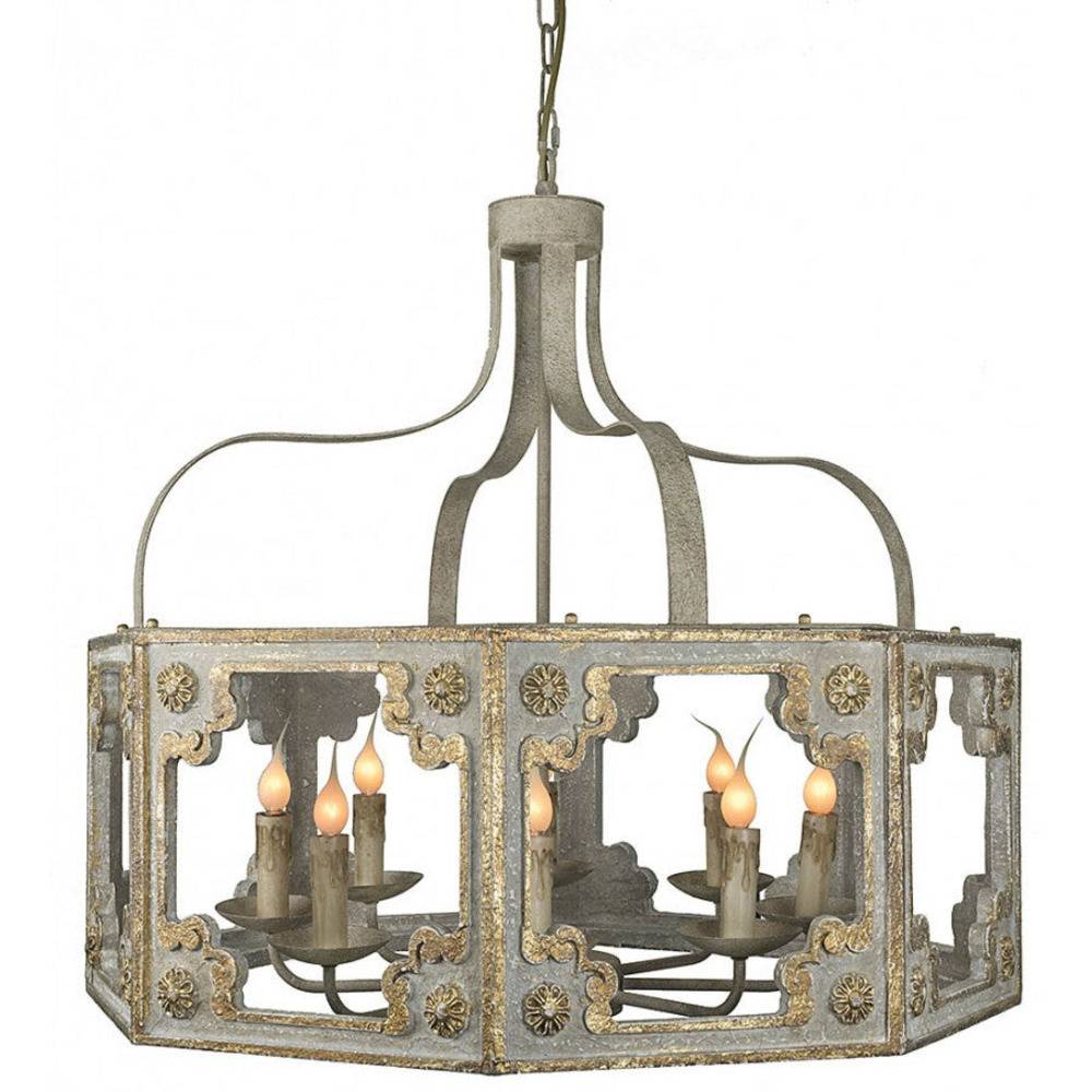 Provence Home Distressed French Blue, Grey & Gold Carved Wood Antiqued Metal Chandelier - Image 1