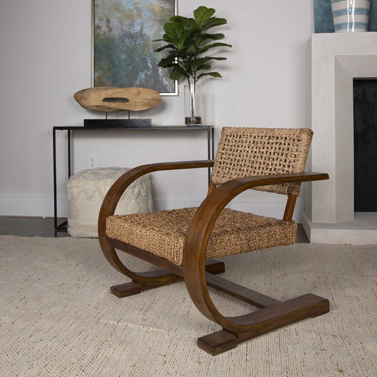 Uttermost Rehema Modern Bohemian Natural Woven Seat with Curved Wood Frame Accent Armchair - Image 3