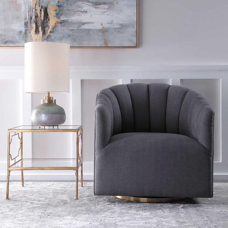 Uttermost Cuthbert Charcoal Gray Fabric Barrel Back Swivel Chair - Image 1