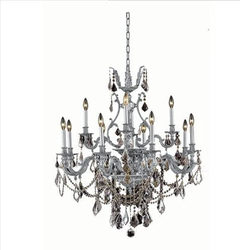 Pewter Twelve-Light Chandelier with Golden Teak/Smoky Royal Cut Crystals - Image 1