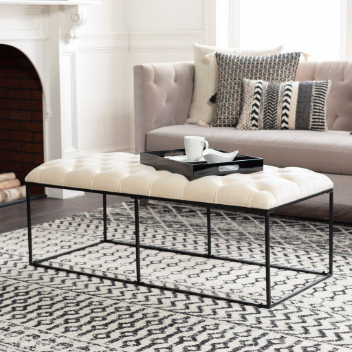 Surya Savoy Modern Ivory Velvet Tufted Bench With Black Metal Base SVY-001 - Image 1