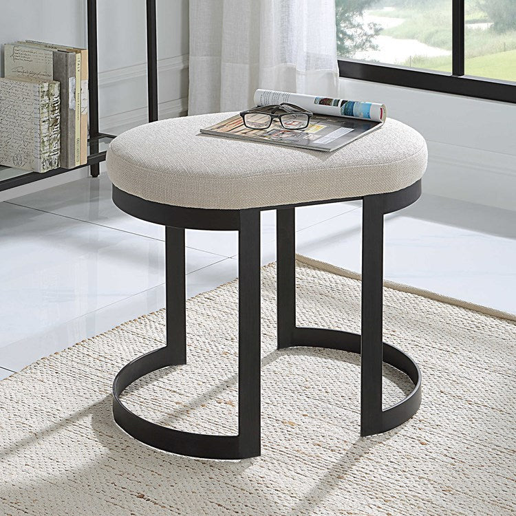 Uttermost Infinity White Linen Performance Fabric Seat Modern Matte Black Iron Small Bench