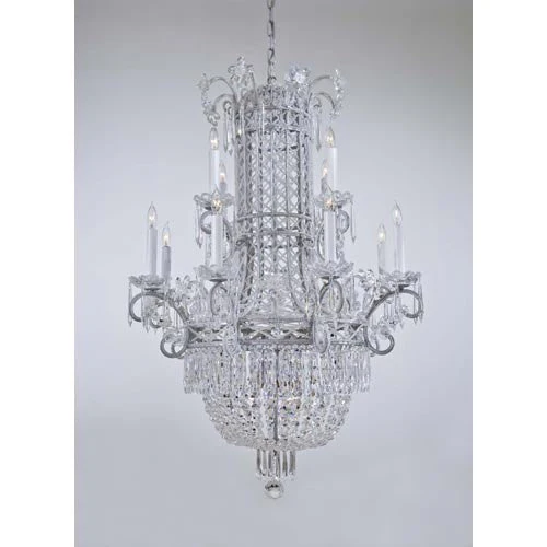 Vintage Silver Twelve-Light Two-Tier Chandelier with Crystal Rosettes and White Drip Candlesleeves - Image 1