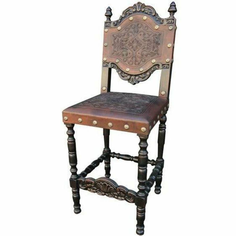 Casa Bonita Peruvian Hand-Painted Carved Wood Del Ray Hand Tooled Leather Counter Stool - Image 1