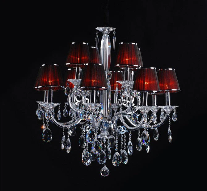 Polished chrome traditional crystal Chandelier dressed with red lampshades - Image 1
