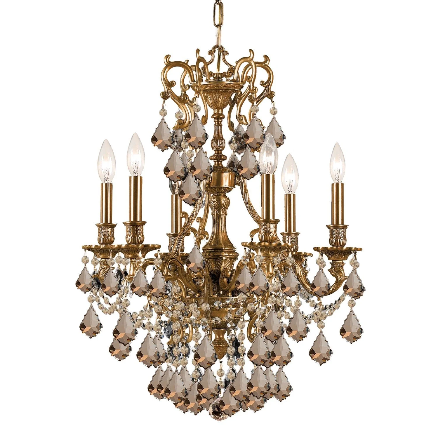 Yorkshire Ornate Aged Brass Six-Light Chandelier with Golden Teak Swarovski Strass Crystal - Image 1