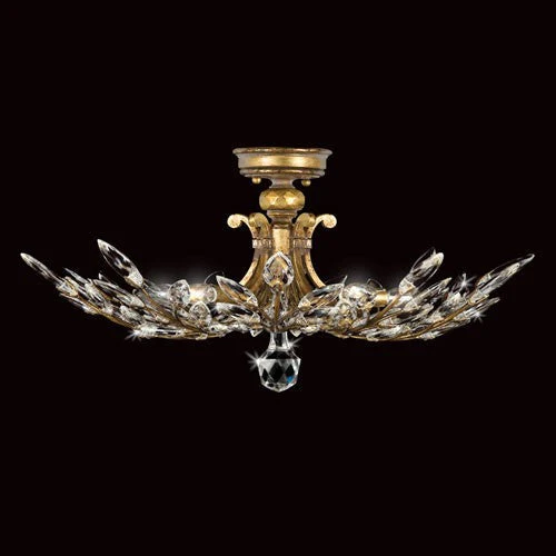 Semi-Flush Mount in Antiqued Warm Gold Leaf Finish with stylized faceted crystal leaves. - Image 1