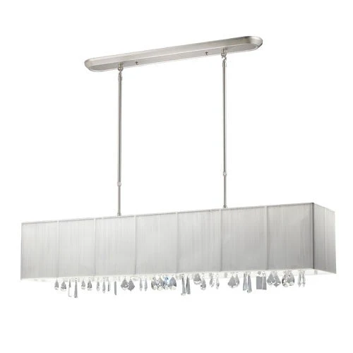 Brushed Nickel Five-Light 48-Inch Island Light with White Shade and Crystals - Image 1