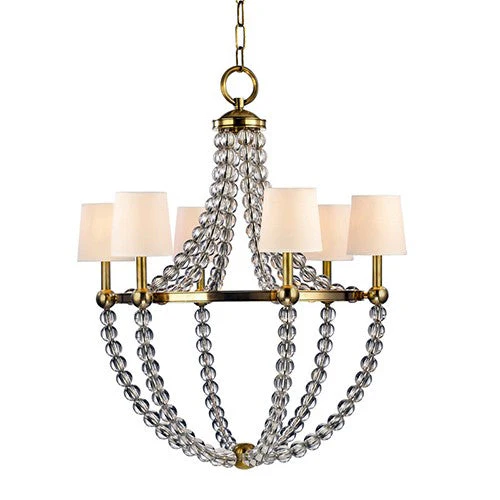 Aged Brass Six-Light Chandelier with Cream Shade - Image 1