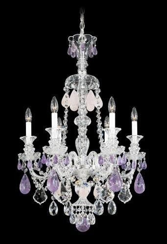 Silver Six-Light Amethyst and Rose Rock Crystal Chandelier, 22W x 33.5H x 22D - Image 1