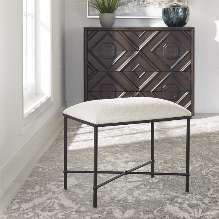 Uttermost Avenham Textured White Fabric Cushion Seat Modern Black Iron Small Bench