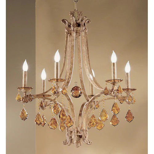 Mediterranean Leather Six-Light Chandelier with French Pendalogs Tortoise Shell Crystal Detail - Image 1