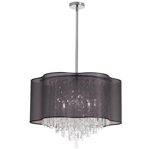 Eight-Light Polished Chrome and Clear Crystal Pendant w/ Black Laminated Organza Shade - Image 1