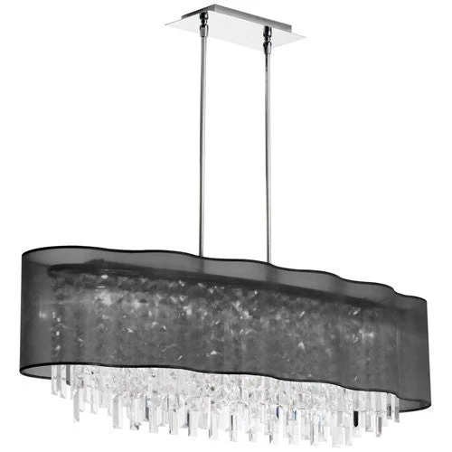 Eight-Light Polished Chrome and Clear Crystal Wave Pendant w/ Black Laminated Organza Shade - Image 1