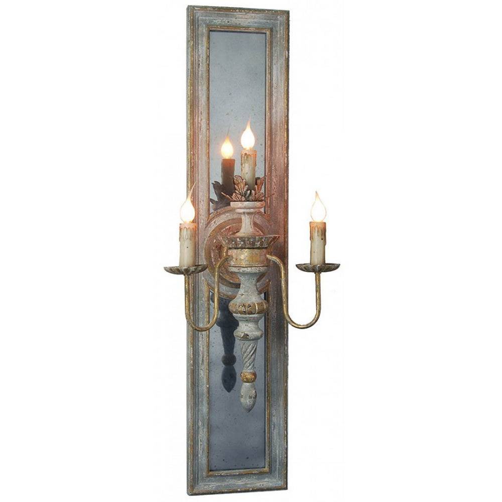 Provence Home Distressed French Blue & Gold Carved Wood Antiqued Mirror Wall Sconce