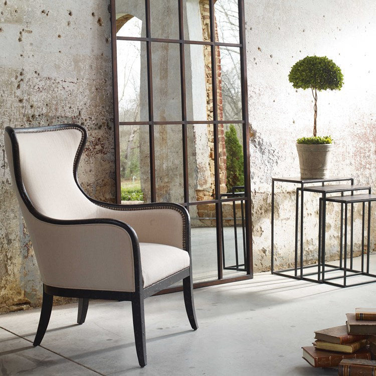 Uttermost Sandy Shimmery Sand Fabric Wing Back Armchair With Weathered Black Wood Frame - Image 1