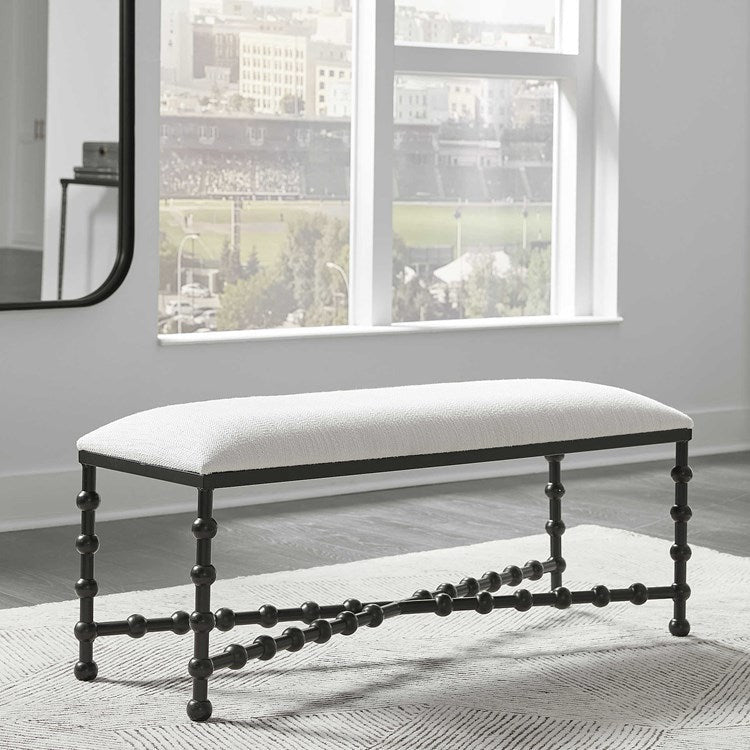 Uttermost Iron Drops Textured White Performance Fabric Seat Modern Black Iron Bench - Image 2