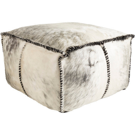 Surya Ranger Modern Hair On Hide Black, Gray & White Cowhide Leather Pouf Ottoman RRPF-001 - Image 1