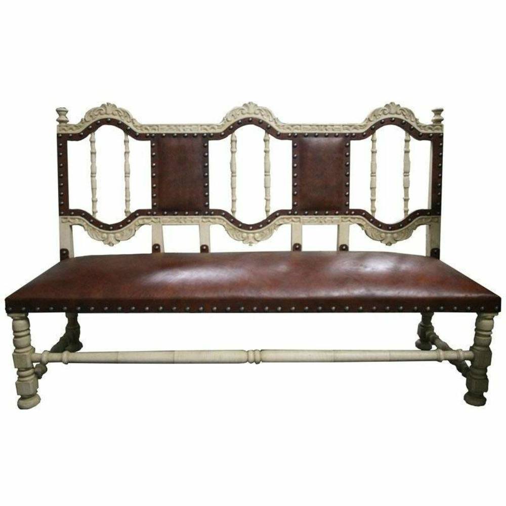 Casa Bonita Peruvian Hand-Painted Carved Wood and Leather Cristobal Bench - Image 1
