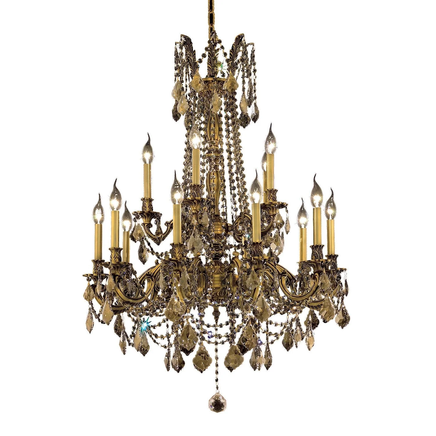 Rosalia French Gold Fifteen-Light 28-Inch Chandelier with Royal Cut Golden Teak Smoky Crystal - Image 1