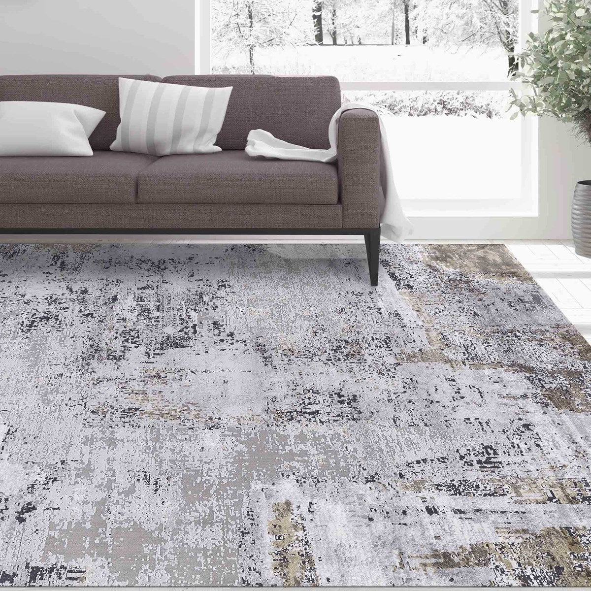 Uttermost Hampton Gray, Ivory, Taupe and Gold Modern Abstract Rug ~ 8'6" x 11'6" - Image 1