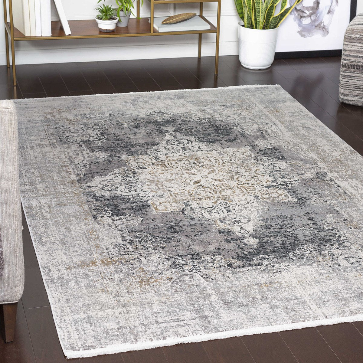 Uttermost Poneto White, Gray, Charcoal and Saffron Rug ~ 7'6" x 11'2" - Image 1