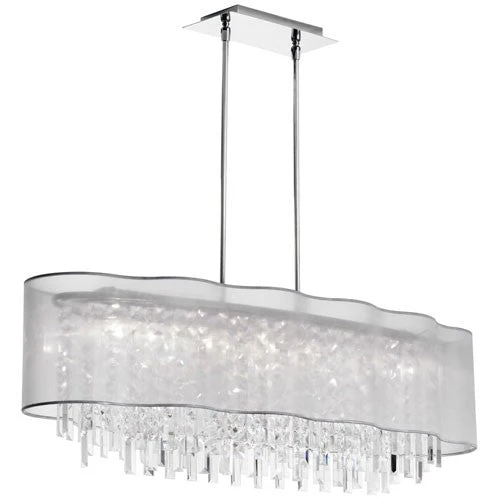 Eight-Light Polished Chrome and Clear Crystal Wave Pendant w/ Silver Laminated Organza Shade - Image 1