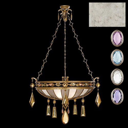 Three-Light Pendant in Silver Leaf Finish with Multi with Colored Crystal Gems of Amethyst, Tourmaline, and Aquamarine Colors - Image 1