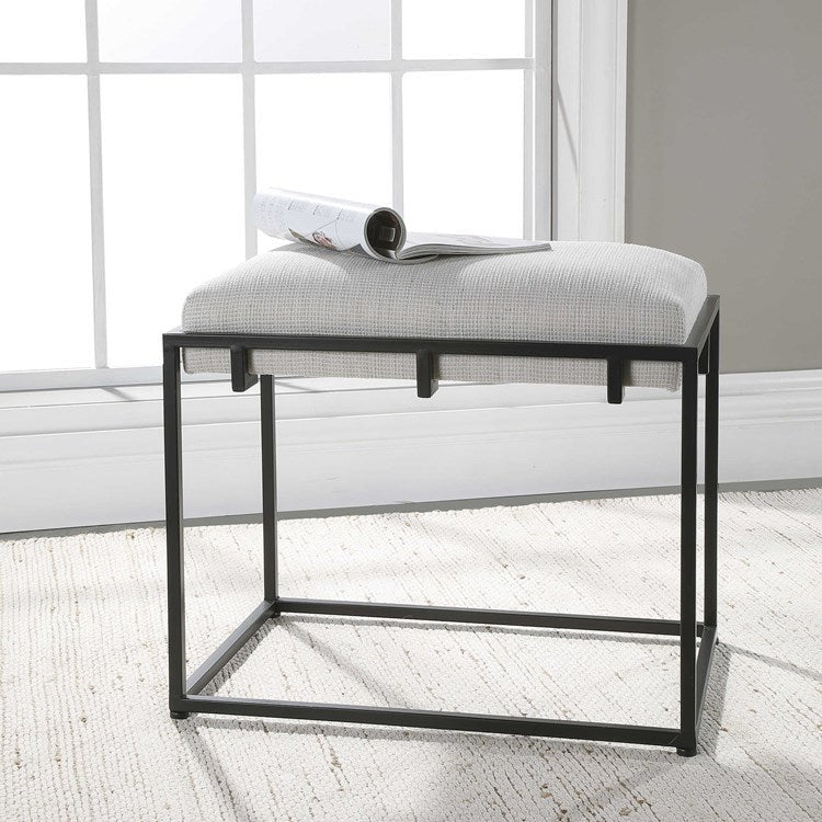 Uttermost Paradox Textured White Fabric Cushion Modern Black Iron Small Bench - Image 1