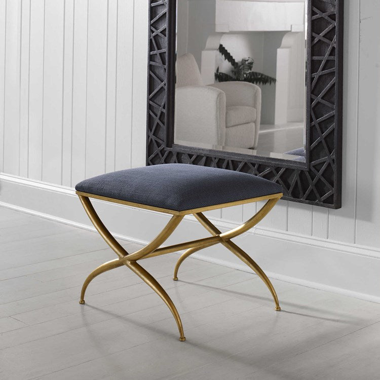 Uttermost Crossing Navy Blue Fabric Cushion Seat Gold Iron Small Bench - Image 2