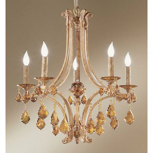 Leather Five-Light Chandelier with French Pendalogs Tortoise Shell Crystal Detail - Image 1