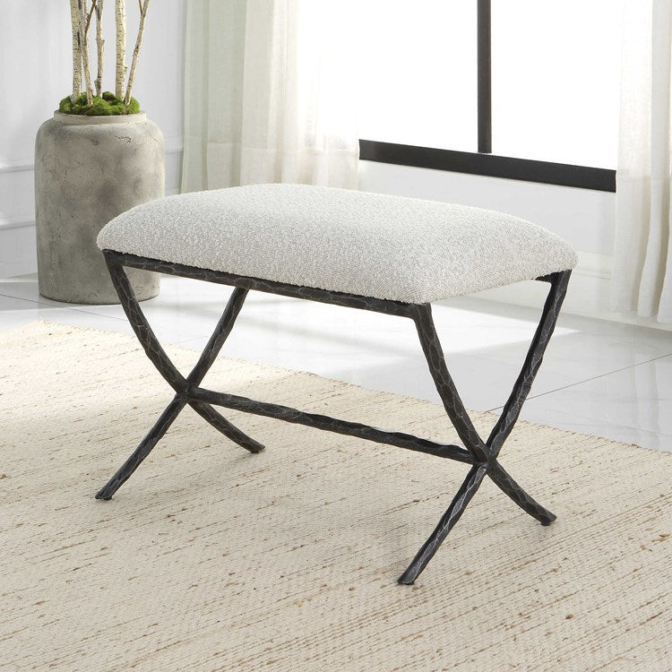 Uttermost Brisby Ivory & Gray Boucle Upholstered Seat Black Cast Iron Bench - Image 2