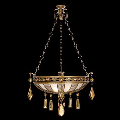 Three-Light Pendant in Variegated Gold Leaf Finish with Multi-Colored Crystal Gems - Image 1