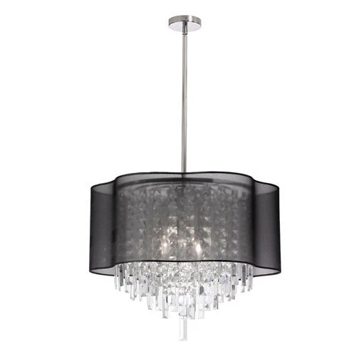 Six-Light Polished Chrome and Clear Crystal Pendant w/ Black Laminated Organza Shade - Image 1