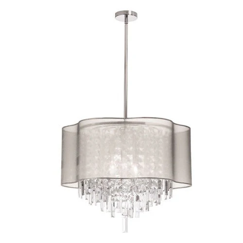Six-Light Polished Chrome and Clear Crystal Pendant w/ Oyster Laminated Organza Shade - Image 1