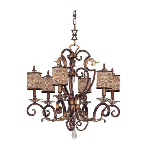 Gold Six-Light Chandelier with Beaded Drum Shades - Image 1