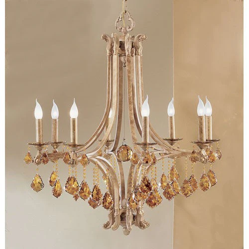 Mediterranean Leather Eight-Light Chandelier with French Pendalogs Tortoise Shell Crystal Detail - Image 1