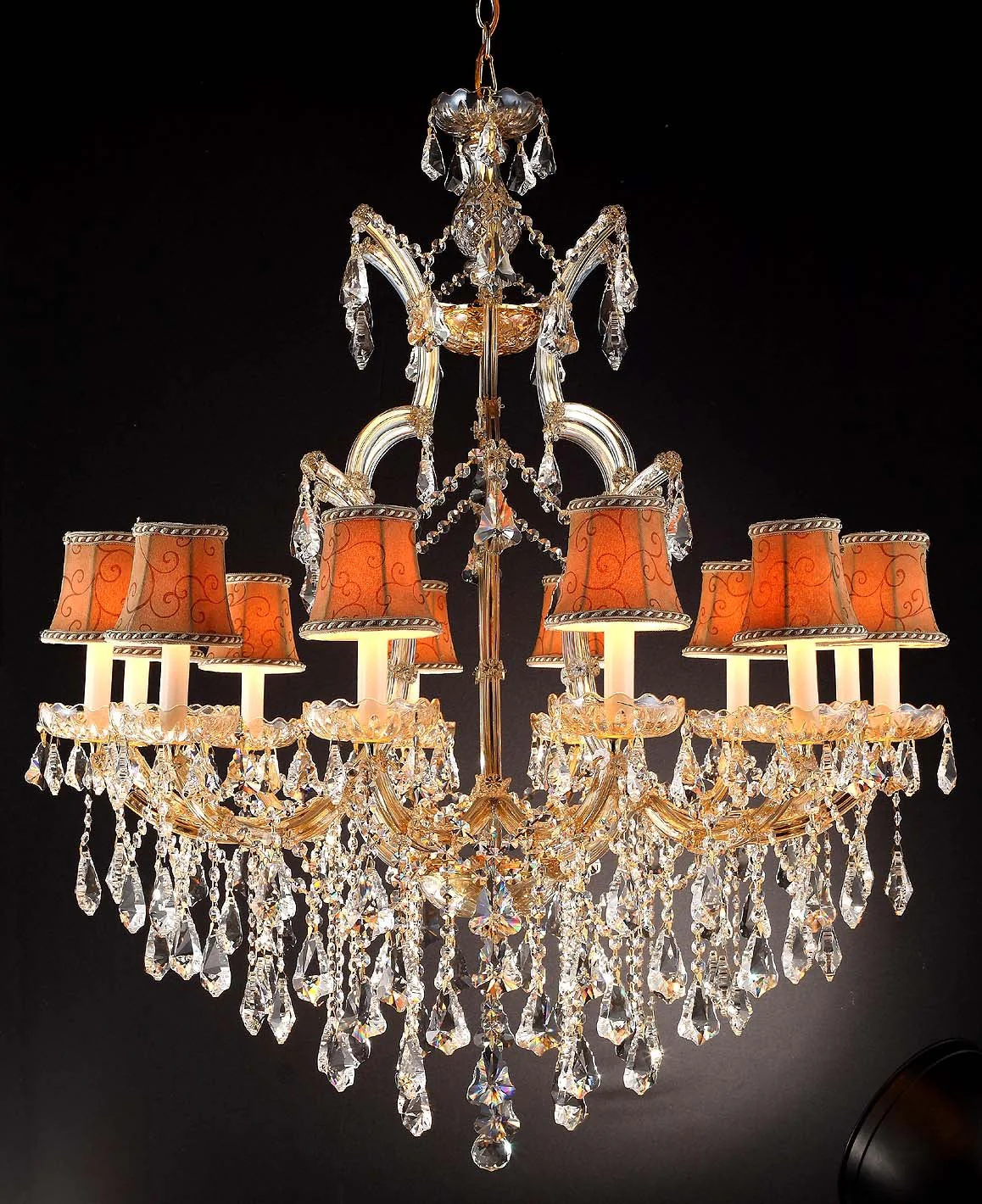 12 Lights Maria Theresa crystal chandelier dressed with yellow lampshades - Image 1