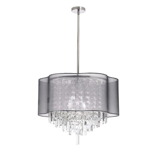 Six-Light Polished Chrome and Clear Crystal Pendant w/ Silver Laminated Organza Shade - Image 1