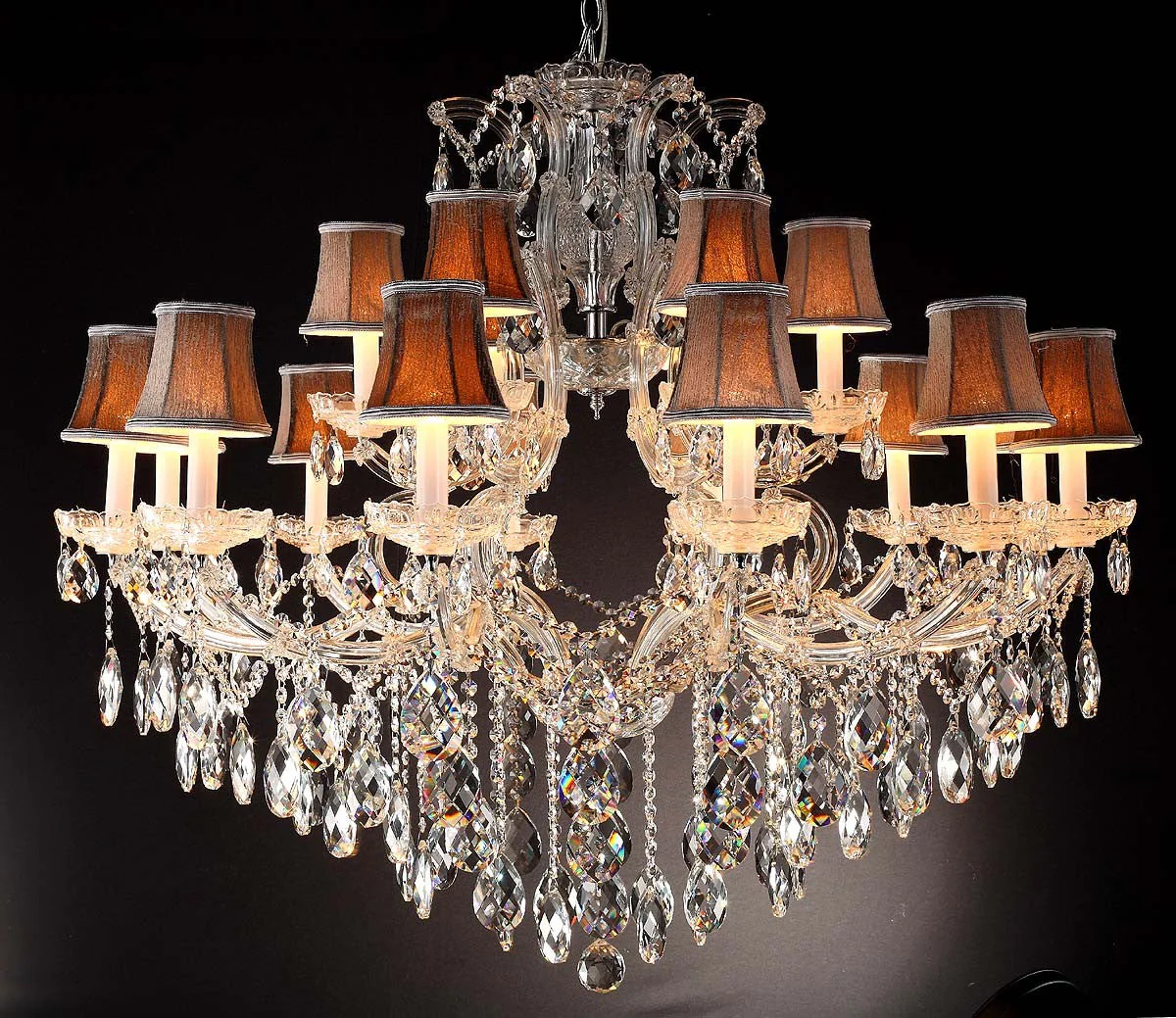 18 Lights Maria Theresa crystal chandelier dressed with yellow lampshades - Image 1
