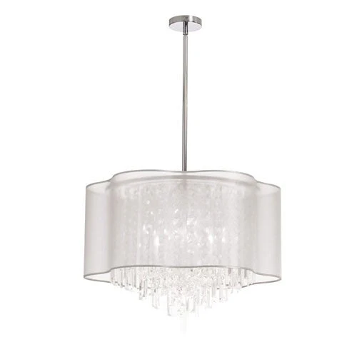 Six-Light Polished Chrome and Clear Crystal Pendant w/ White Laminated Organza Shade - Image 1