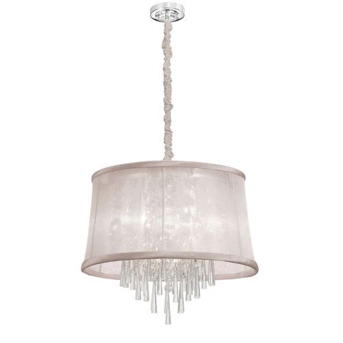 Six-Light Polished Chrome and Clear Crystal Pendant w/ Oyster Organza Shade and Chain Cover - Image 1