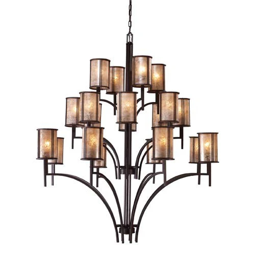 Aged Bronze Twenty-Light Chandelier with Tan Mica Shades - Image 1