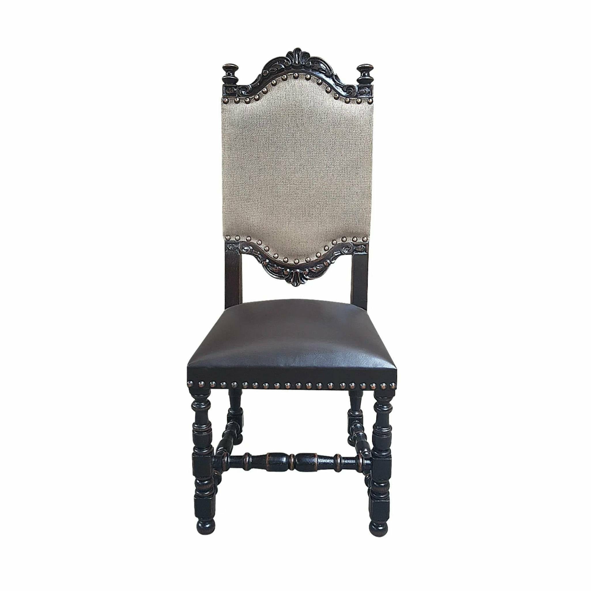 Casa Bonita Peruvian Hand-Painted Carved Wood Fabric and Leather Del Rey Dining Chair - Image 1