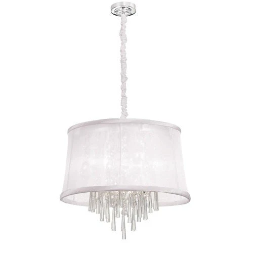 Six-Light Polished Chrome and Clear Crystal Pendant w/ White Organza Shade and Chain cover - Image 1