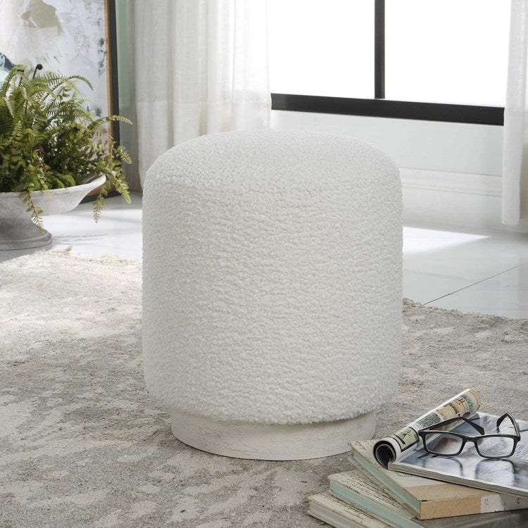 Uttermost Avila White Faux Shearling Fabric Round Ottoman - Image 1